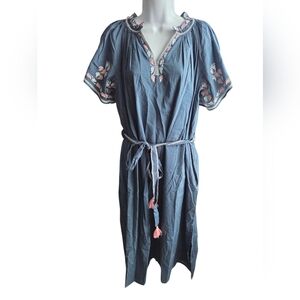 Ex Voto Bri Embroidered Blue Midi Dress M/L NWT Lined Tassel Belt $269